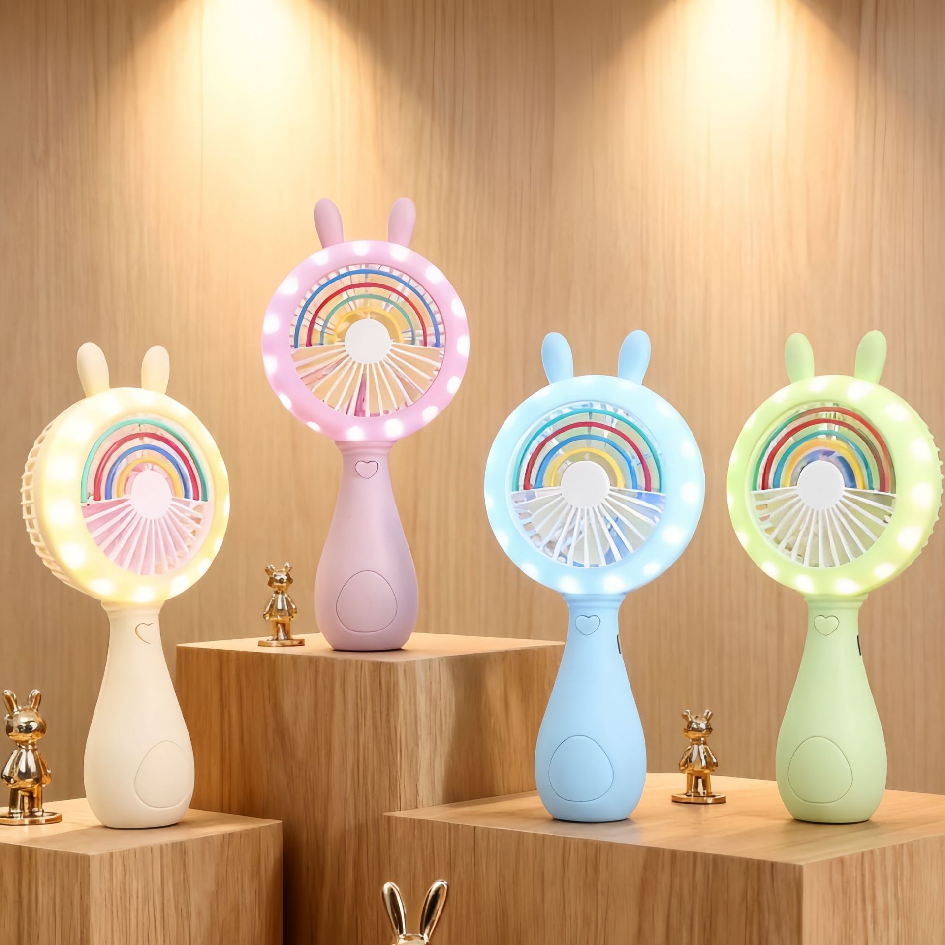 Cute Bunny Handheld Fan with LED Light, USB Rechargeable Mini Portable Fan for Kids, Perfect Summer Gift for Children