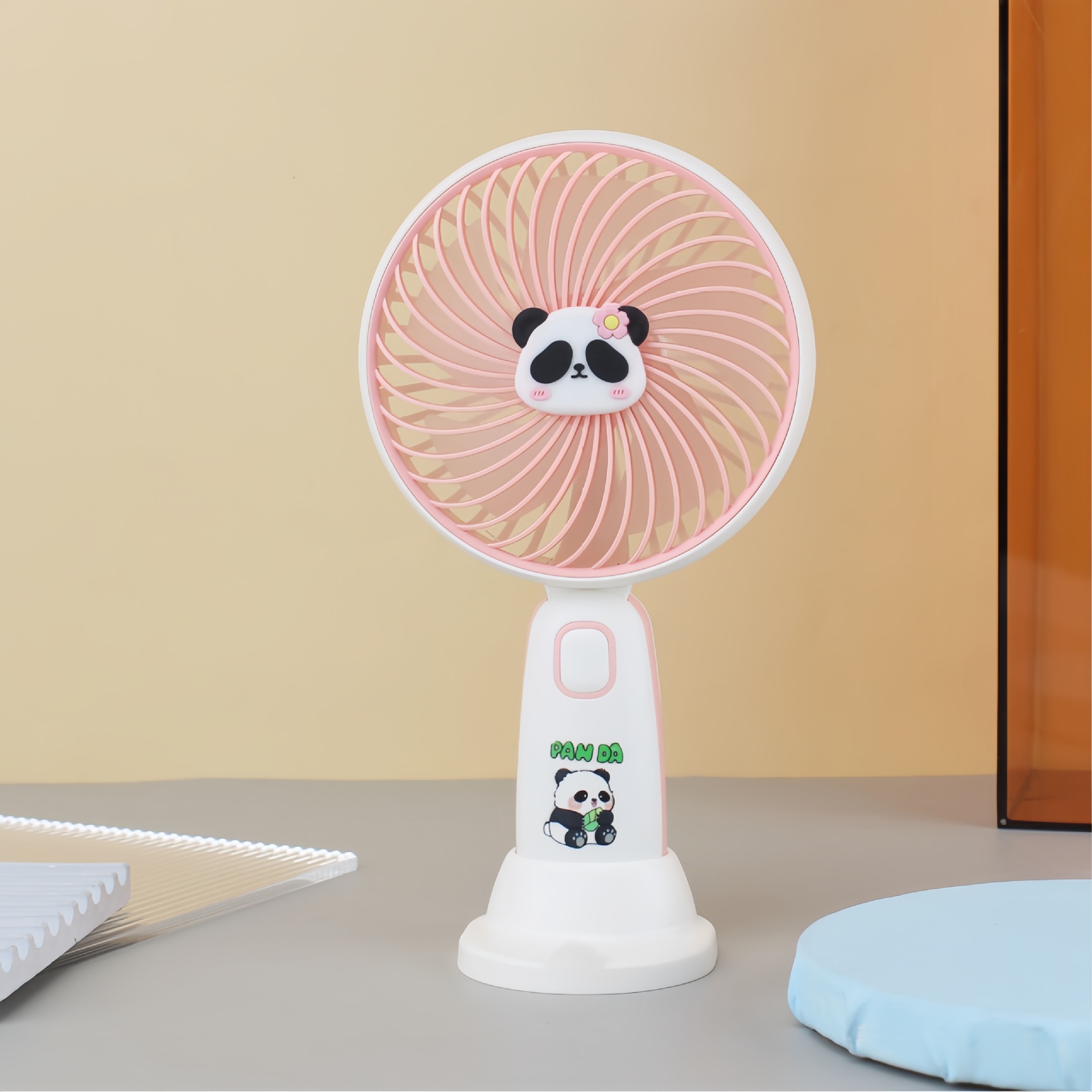 Cute Panda Handheld Fan with Phone Stand, 2-in-1 Rechargeable Portable Mini Fan, Chinese Style Desk Fan with LED Light for Kids & Students