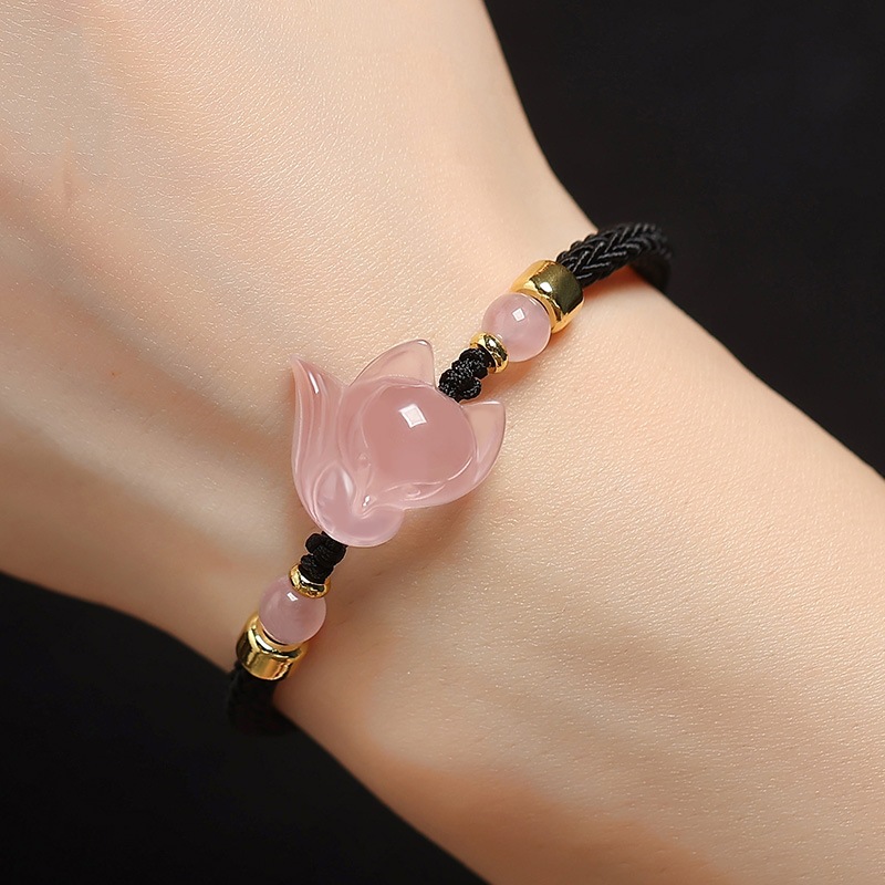 Pink Crystal Fox Bracelet Red Rope Handwoven Black Hand Rope
