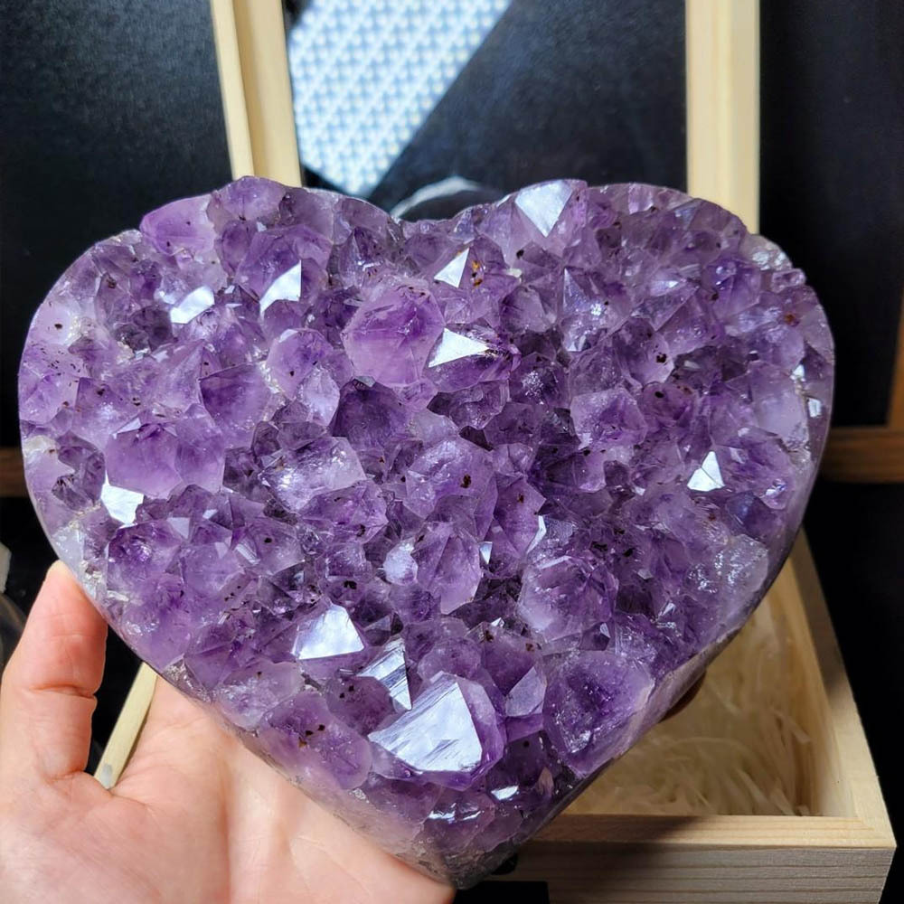 Natural amethyst cluster heart-shaped specimen Brazilian deep amethyst