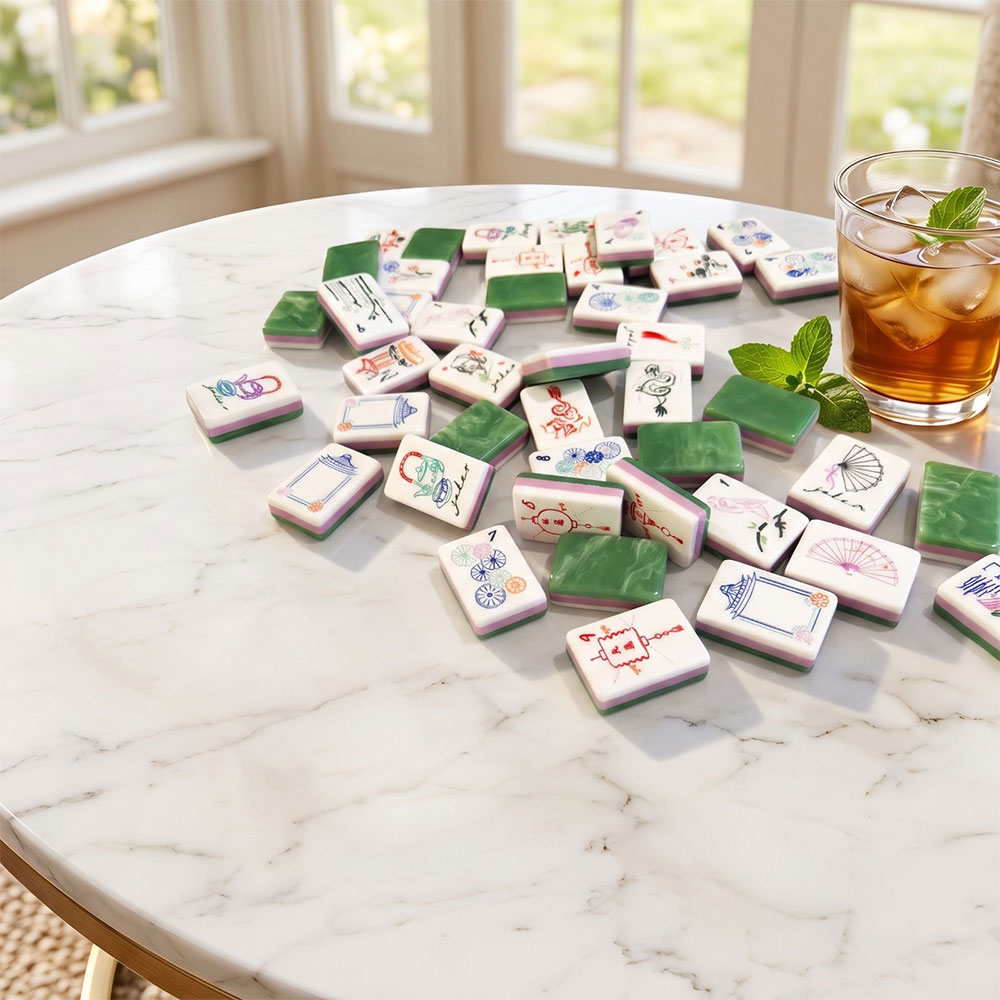 Warm Jade Green Double Color American Mahjong Set, Garden Lined Plants Chinese Landscape Art Printed Cards, Adult Mahjong Board Game Set, Classic Tabletop Tools, Suitable for Party Activities, Family Reunions, Various Gatherings and Leisure Matchmaking Nights