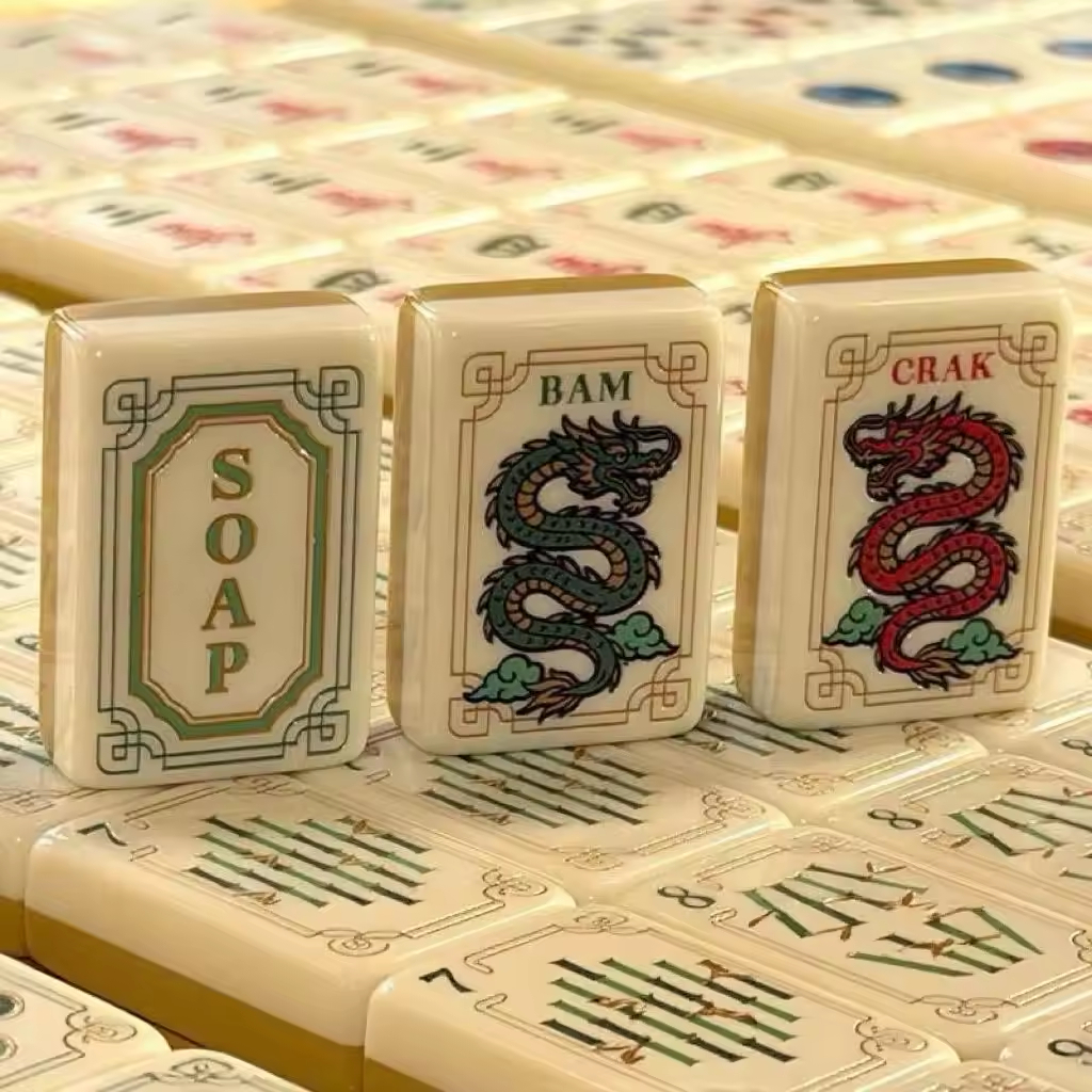 Chinese Yellow Dragon, Phoenix, and Crane Pattern Acrylic American-Style Mahjong, 36mm, 160 tiles, a must-have for family game nights