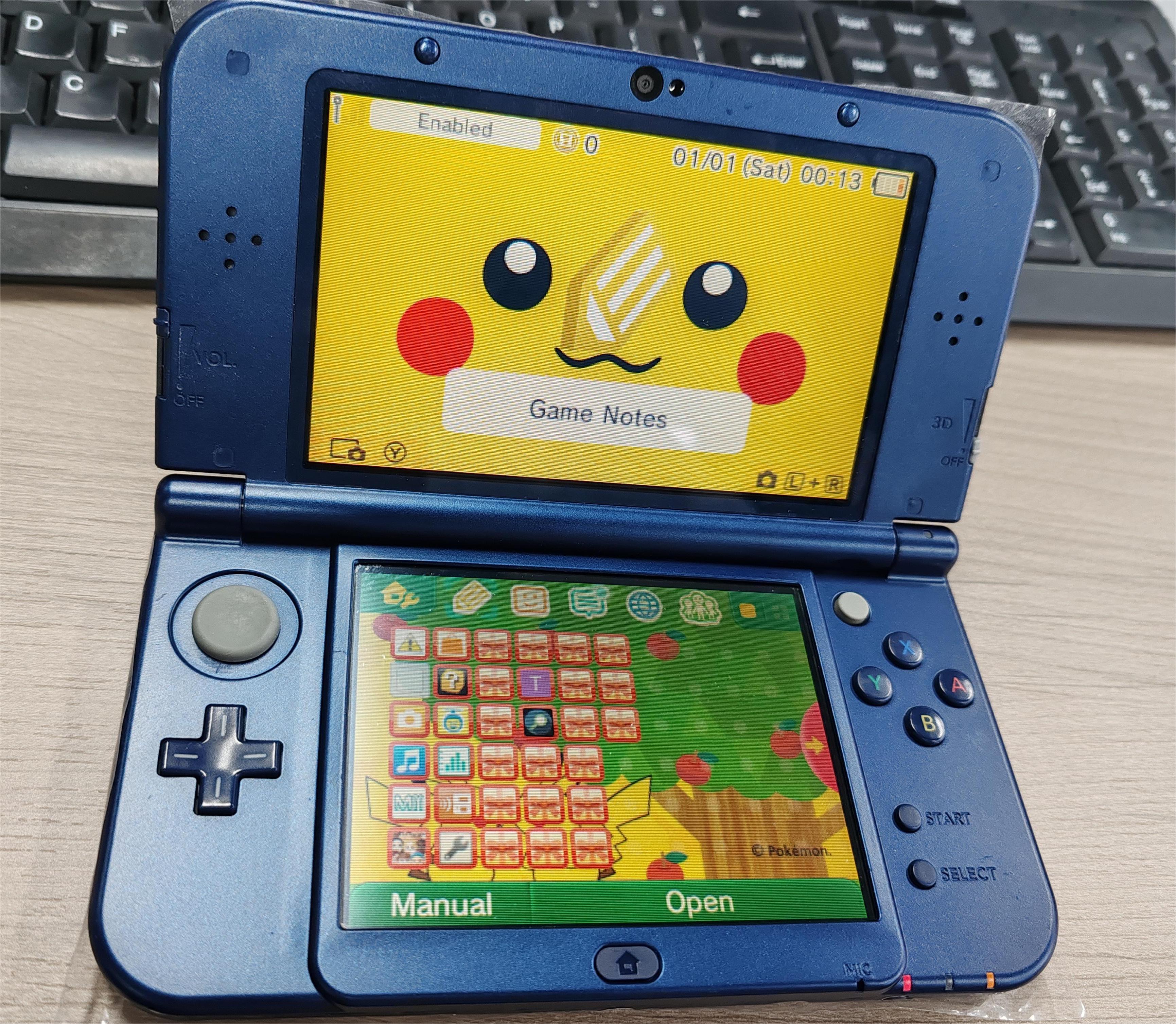 Refurbished brand new 3DS XL handheld game console, unlocked and pre-installed with homebrew software, FBI, and hShop, ready to play 3DS games. In stock! 32GB dual IPS screen.