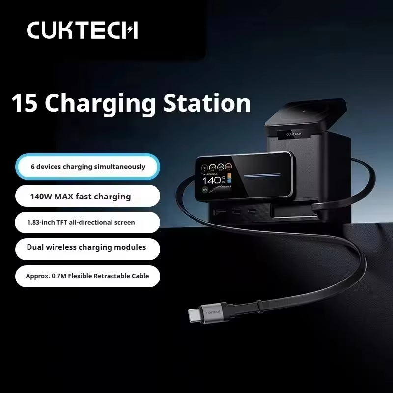 CUKTECH 15 Charging Station 140W GaN USB-C Retractable Cable Wireless Charge 1.83" TFT Display For Xiaomi iPhone MacBook Laptop!