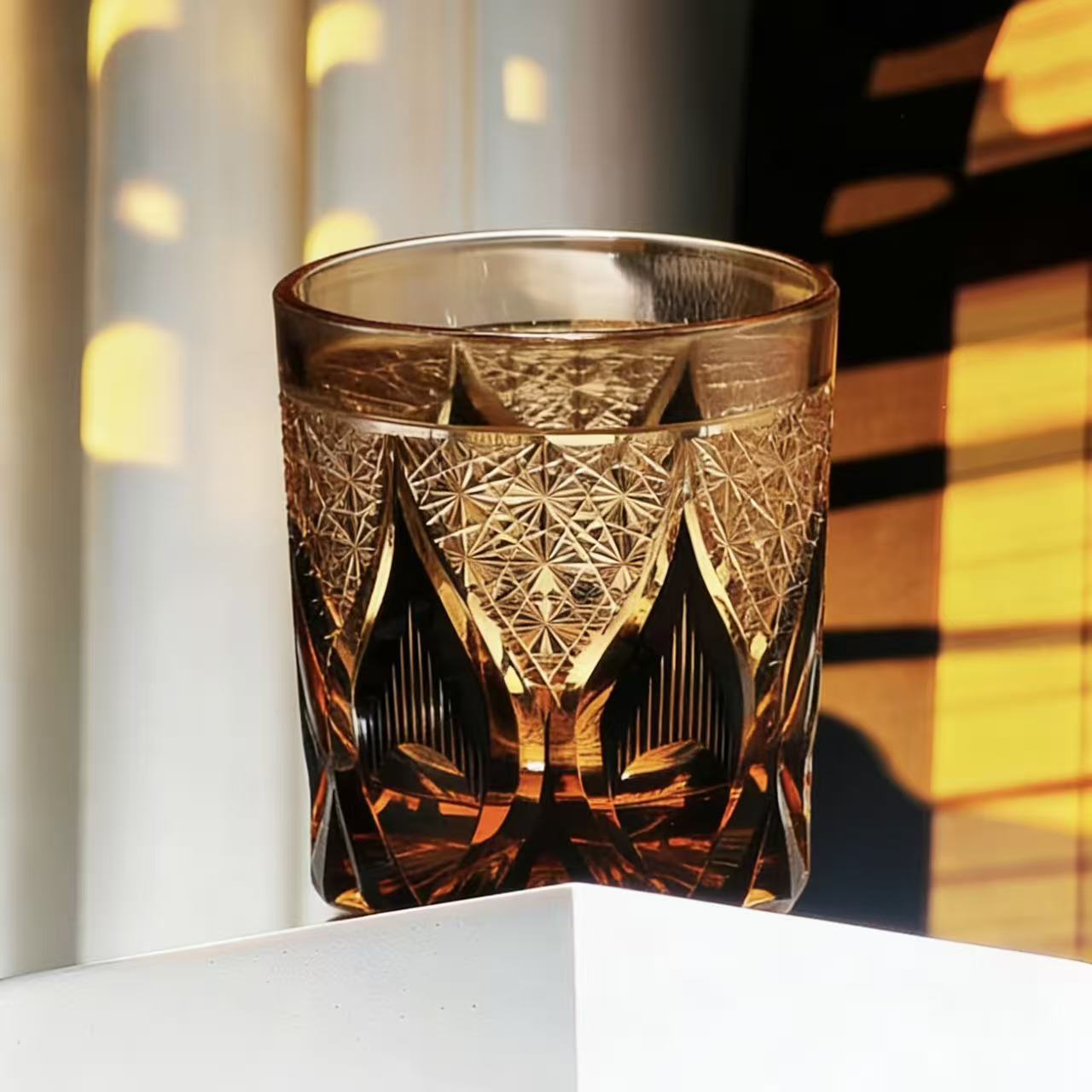 Amber Edo Kiriko Cut Crystal Whiskey Glass | Handcrafted Collectible Tumbler🎁