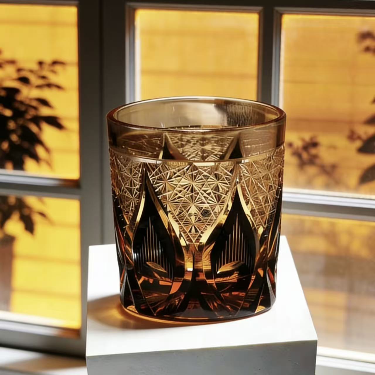 Amber Edo Kiriko Cut Crystal Whiskey Glass | Handcrafted Collectible Tumbler🎁