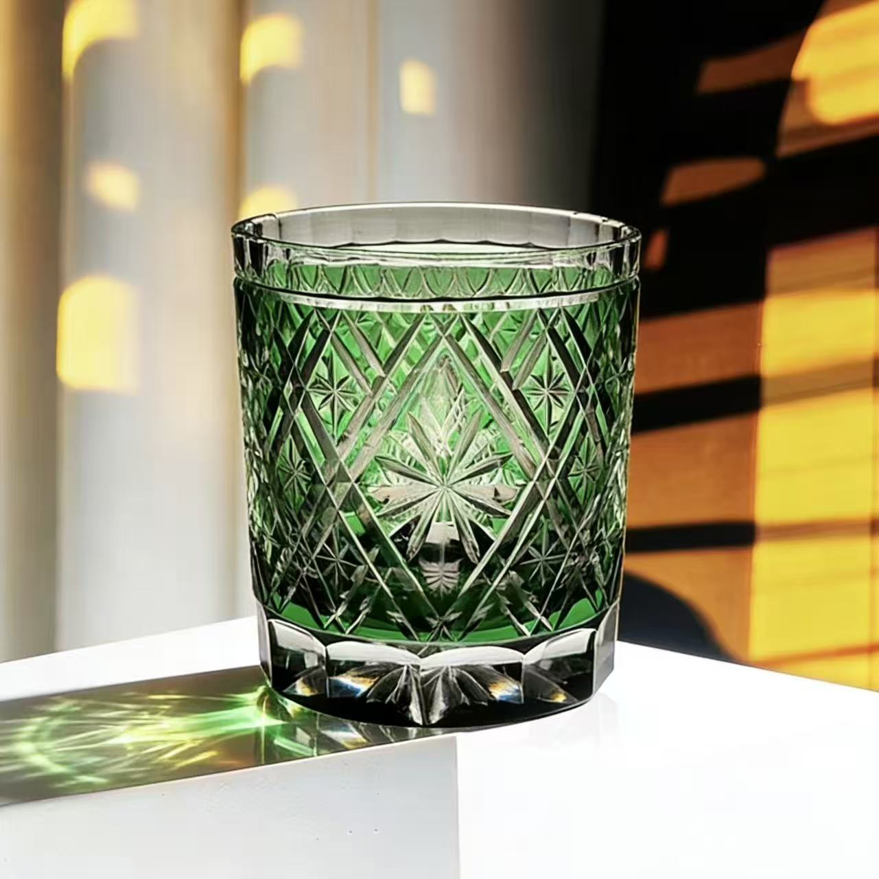 Green Edo Kiriko Whiskey Glass | Handcrafted Crystal Luxury Gift🎁