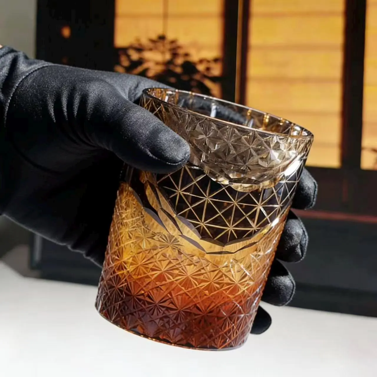 Amber Gradient Edo Kiriko Whiskey Glass | Handcrafted Crystal Gift🎁