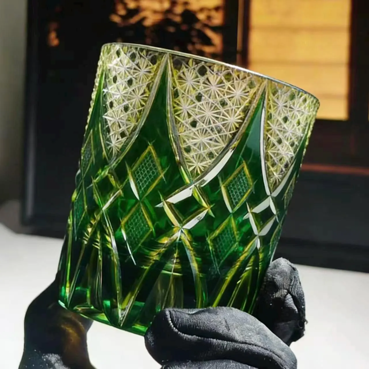 Green Edo Kiriko Whiskey Glass | Handcrafted Crystal Luxury Gift🎁