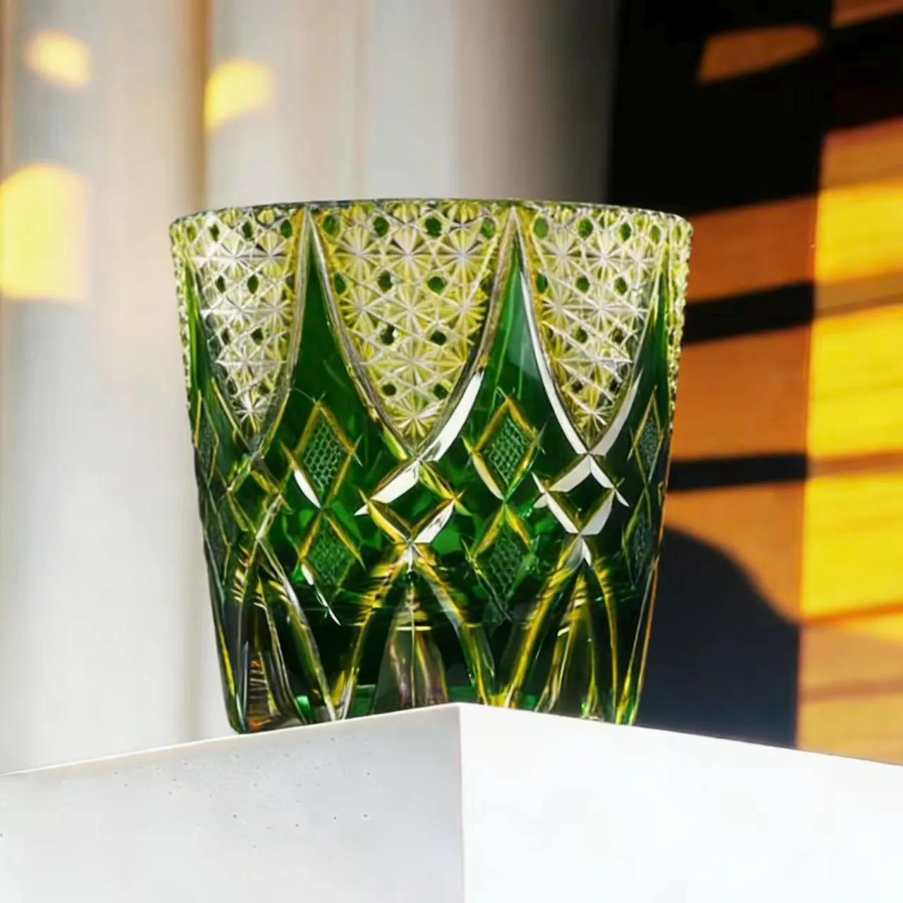 Green Edo Kiriko Whiskey Glass | Handcrafted Crystal Luxury Gift🎁