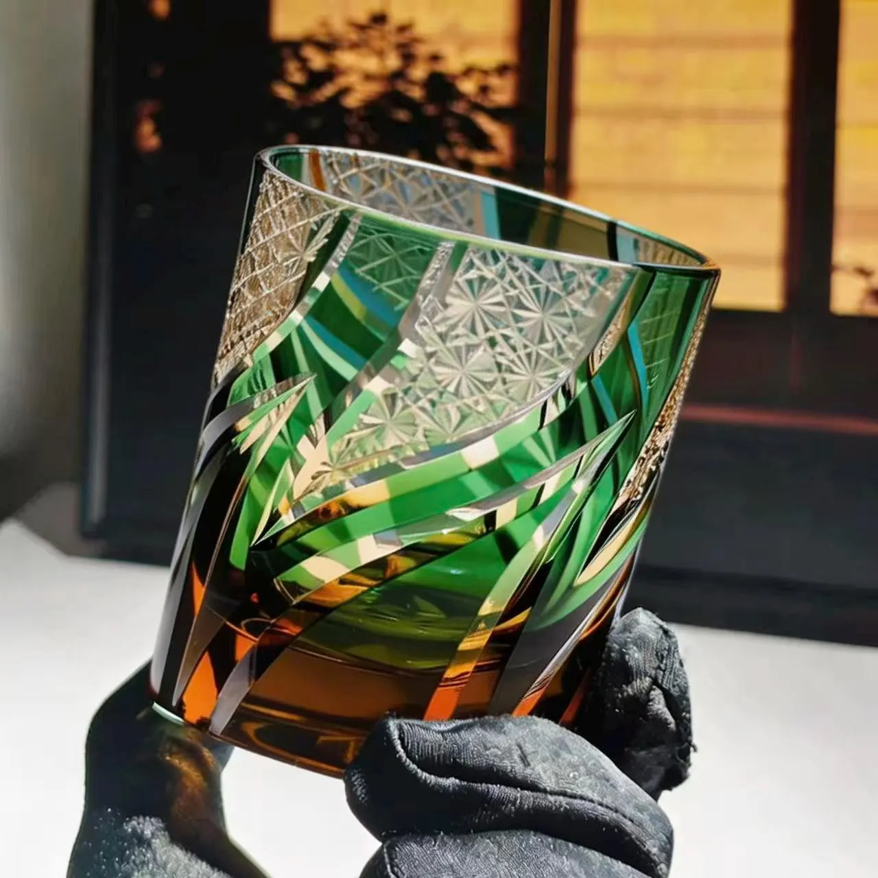 Green Swirl Edo Kiriko Whiskey Glass | Handcrafted Crystal Gift🎁