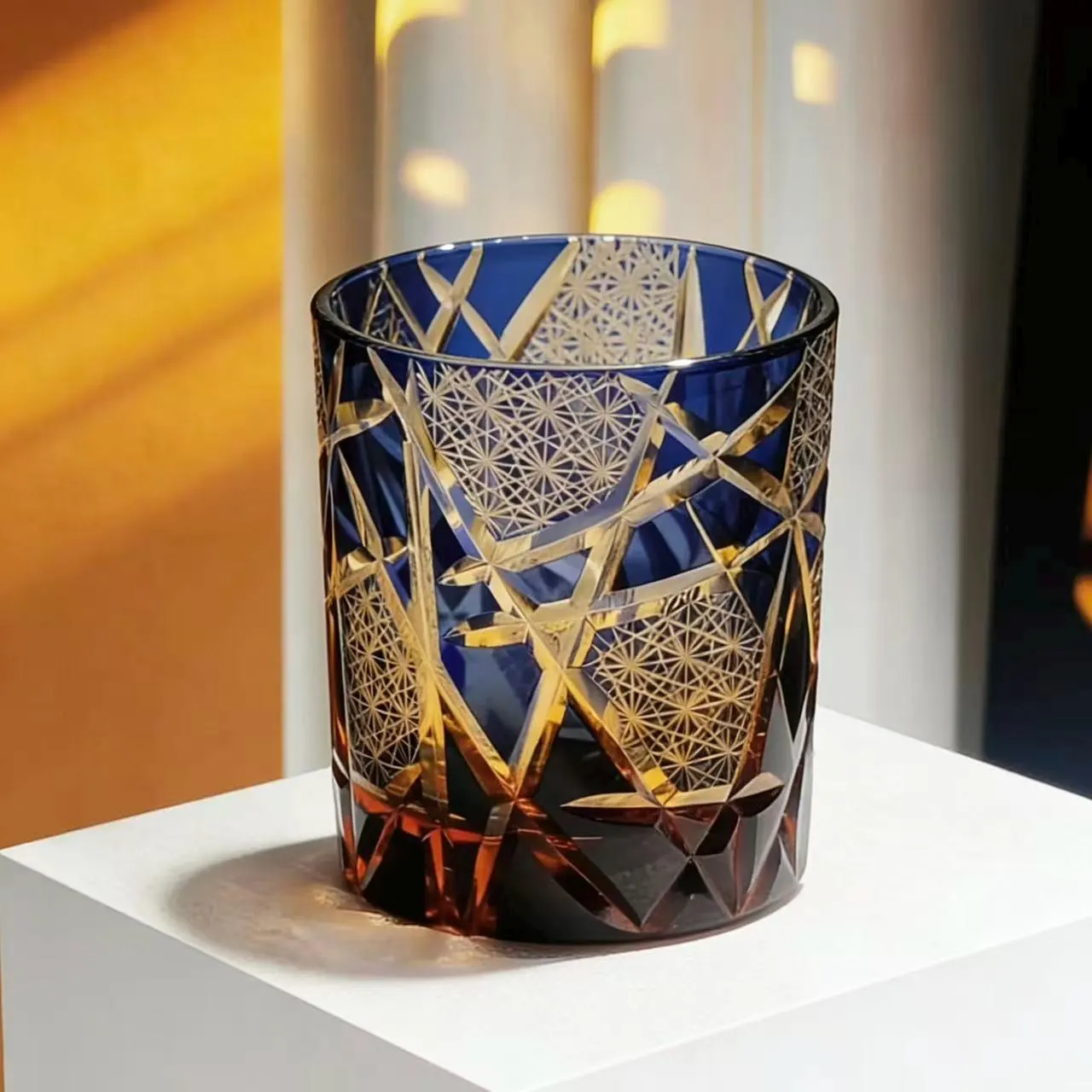 Navy Geometric Edo Kiriko Whiskey Glass | Handcrafted Crystal Gift🎁