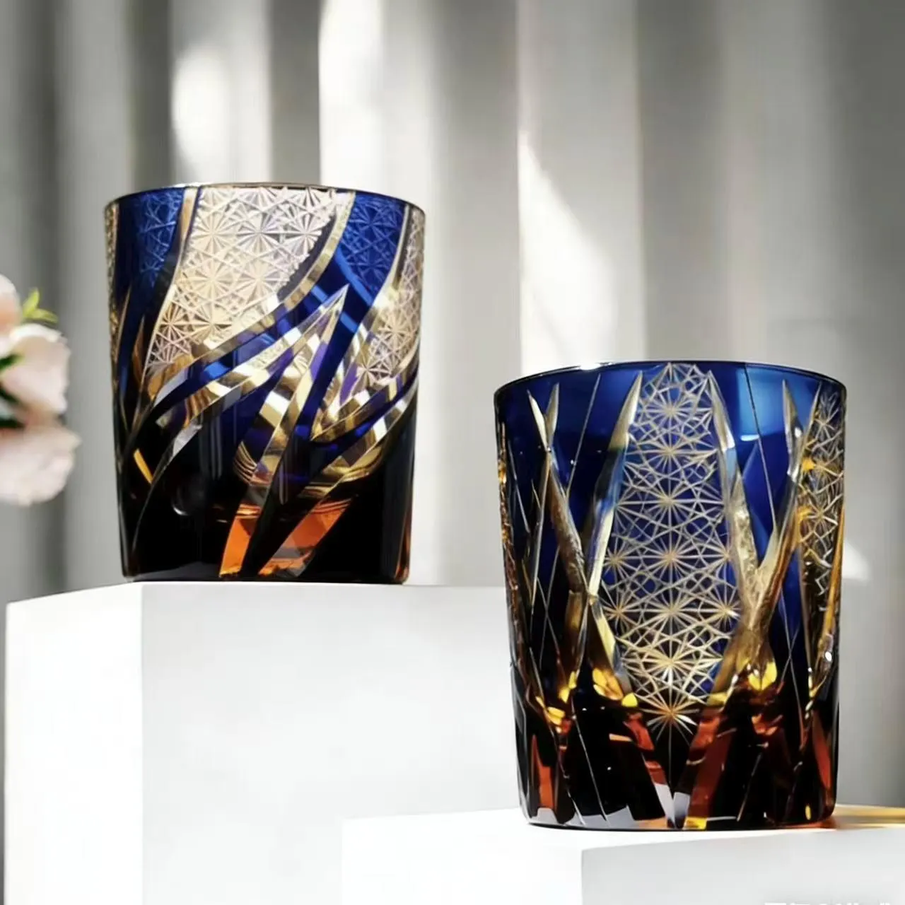 Navy Geometric Edo Kiriko Whiskey Glass | Handcrafted Crystal Gift🎁