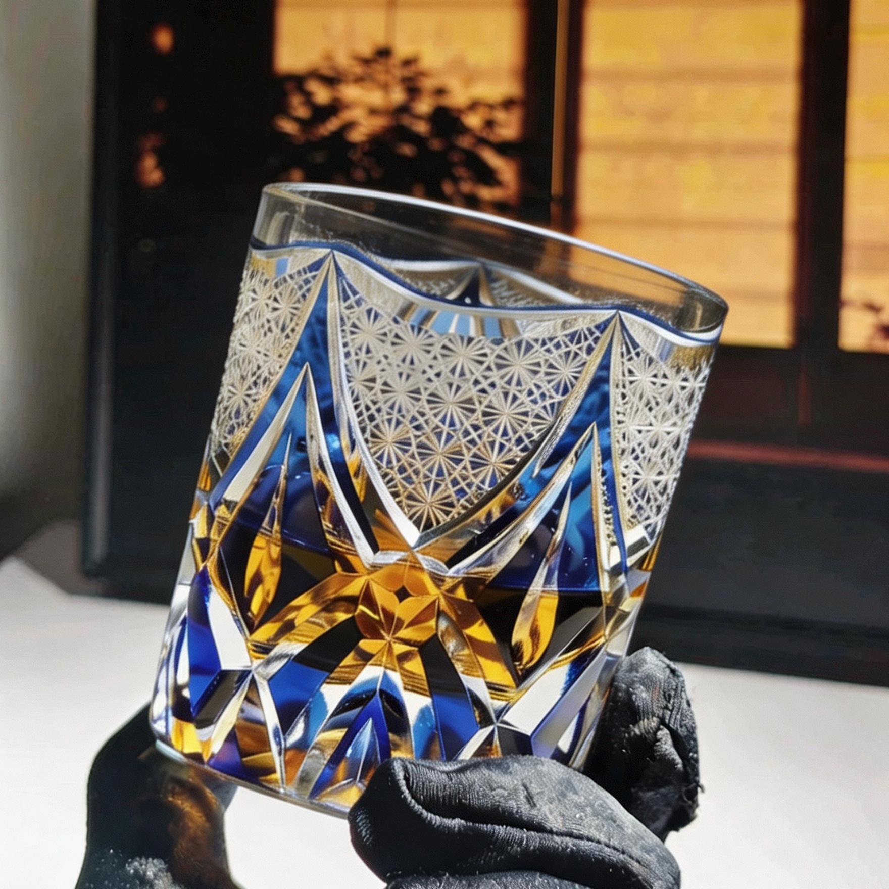 Blue Gold Edo Kiriko Whiskey Glass | Handcrafted Crystal Gift🎁