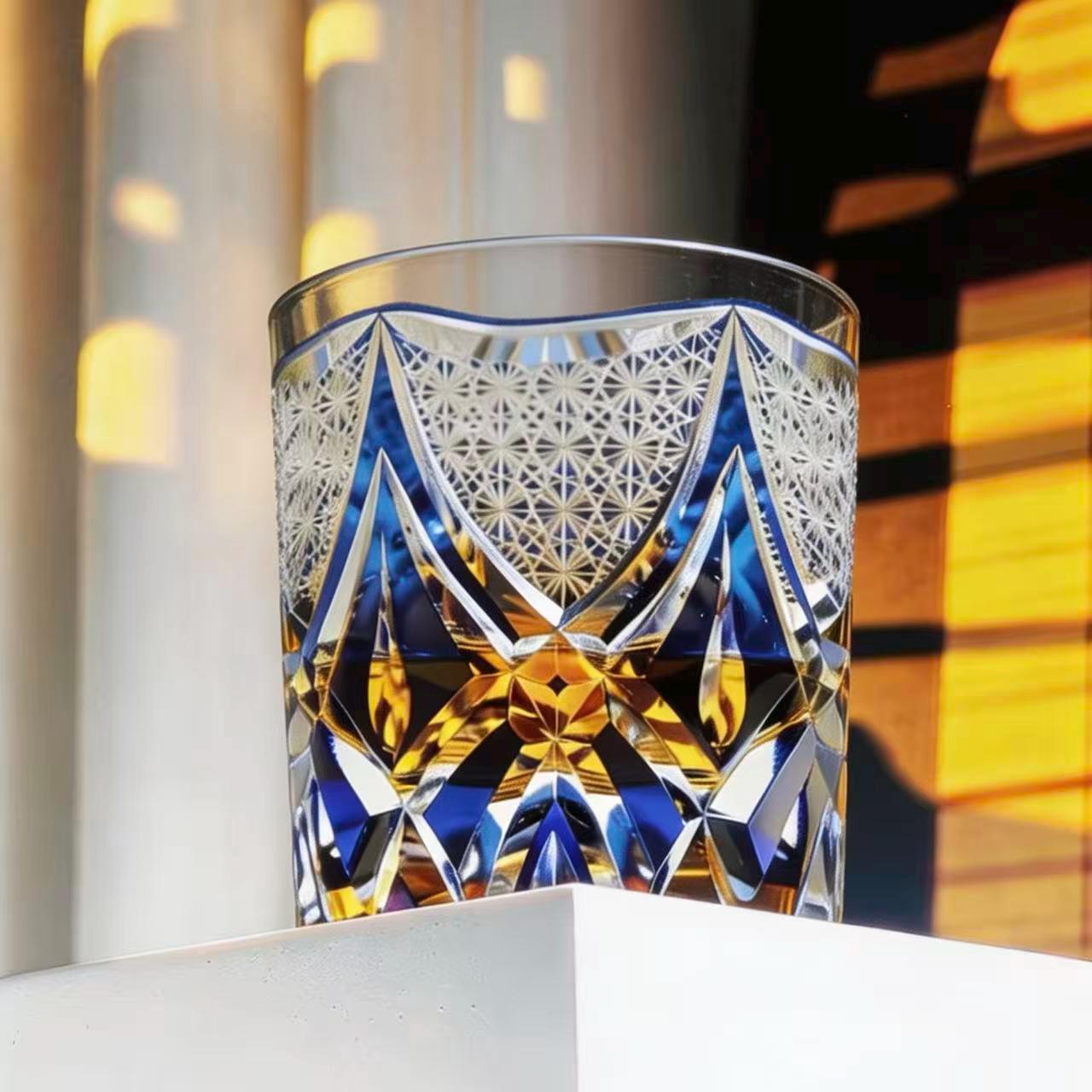 Blue Gold Edo Kiriko Whiskey Glass | Handcrafted Crystal Gift🎁