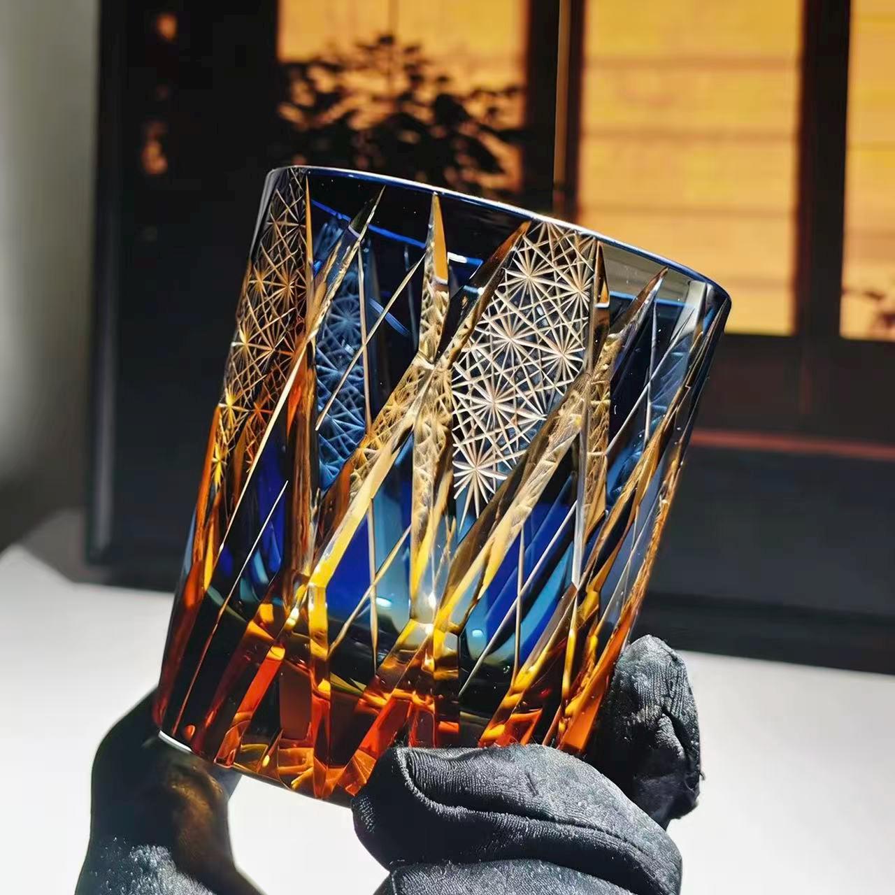 Navy Amber Edo Kiriko Whiskey Glass | Handcrafted Crystal Gift🎁