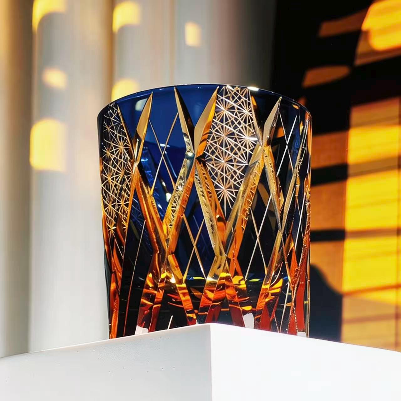 Navy Amber Edo Kiriko Whiskey Glass | Handcrafted Crystal Gift🎁