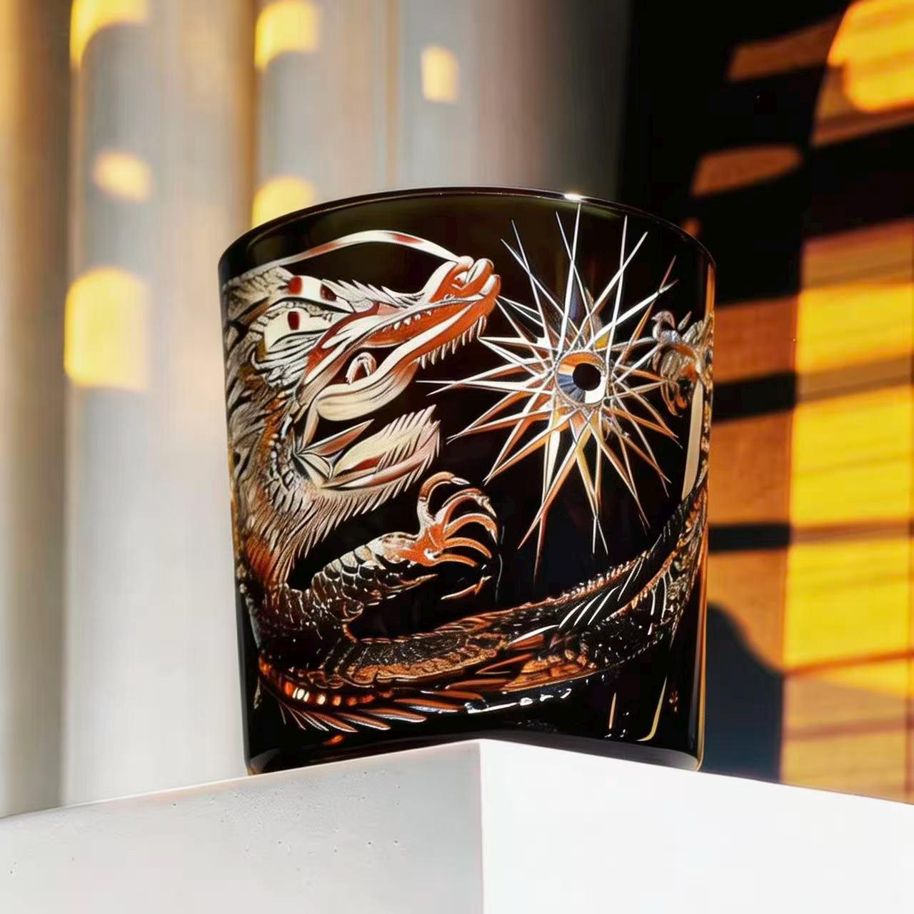 Black Dragon Edo Kiriko Whiskey Glass | Handcrafted Crystal Gift🎁