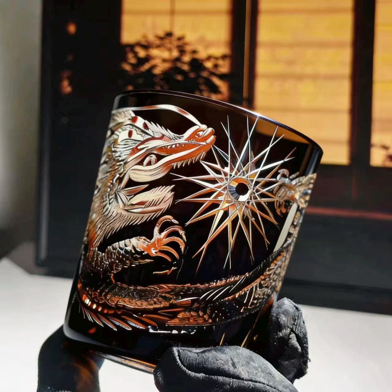 Black Dragon Edo Kiriko Whiskey Glass | Handcrafted Crystal Gift🎁