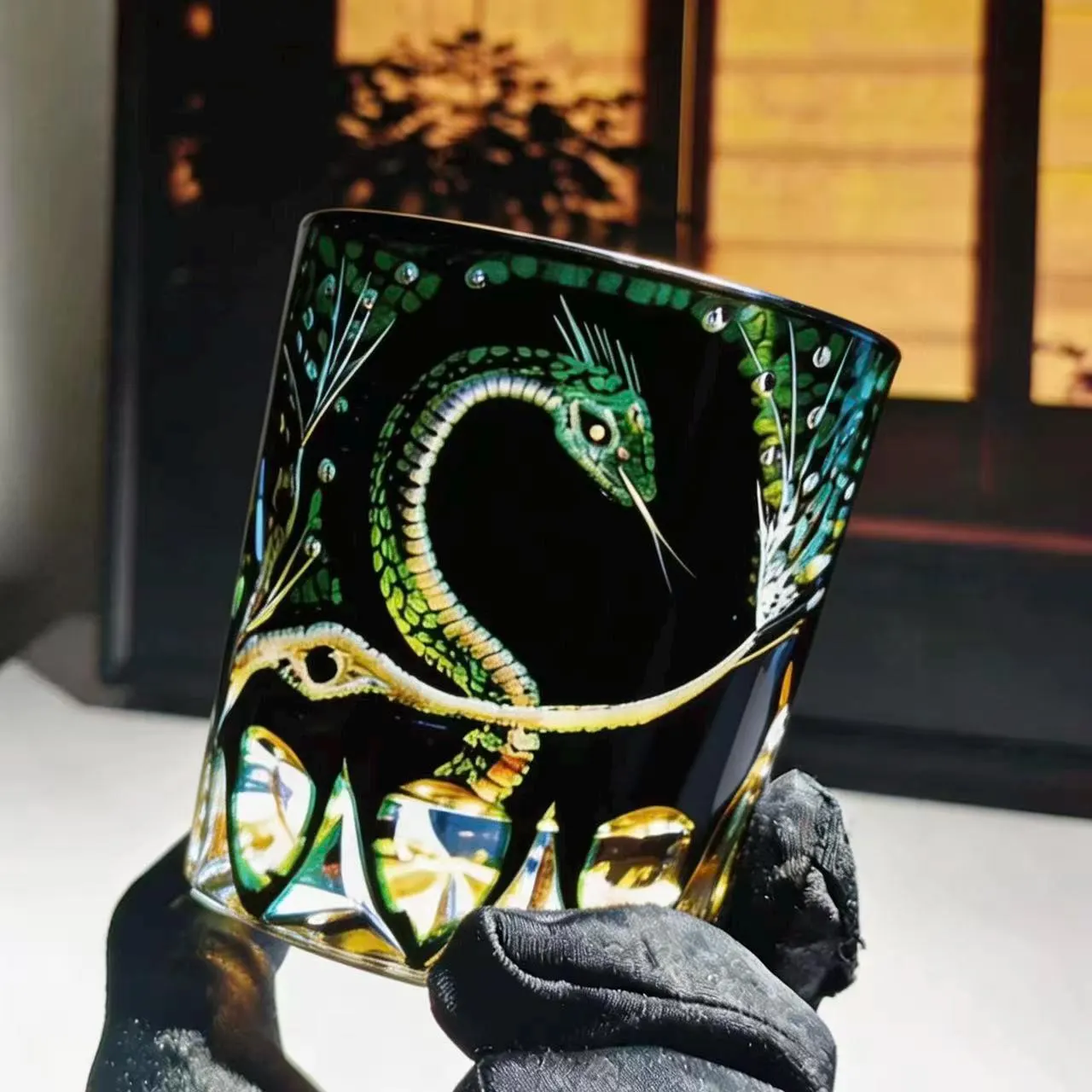 Green Serpent Edo Kiriko Whiskey Glass | Handcrafted Crystal Gift🎁