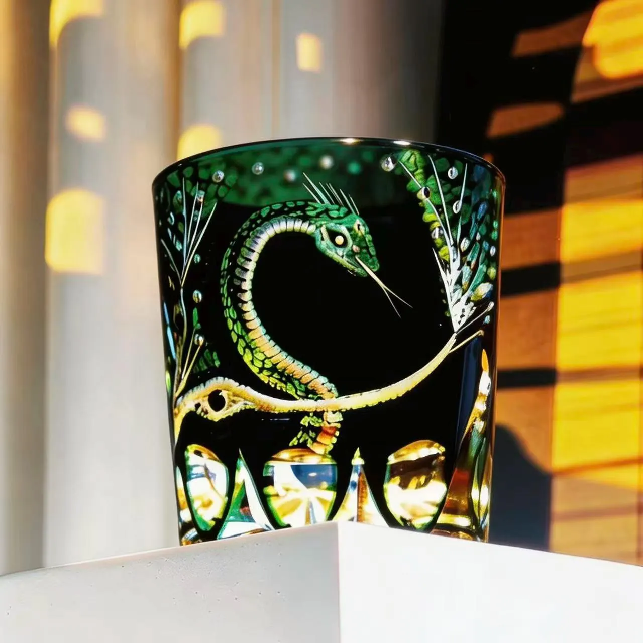 Green Serpent Edo Kiriko Whiskey Glass | Handcrafted Crystal Gift🎁