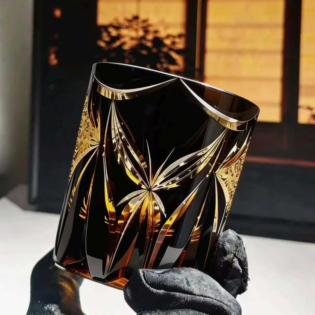 Amber Black Starburst Edo Kiriko Whiskey Glass | Handcrafted Gift🎁