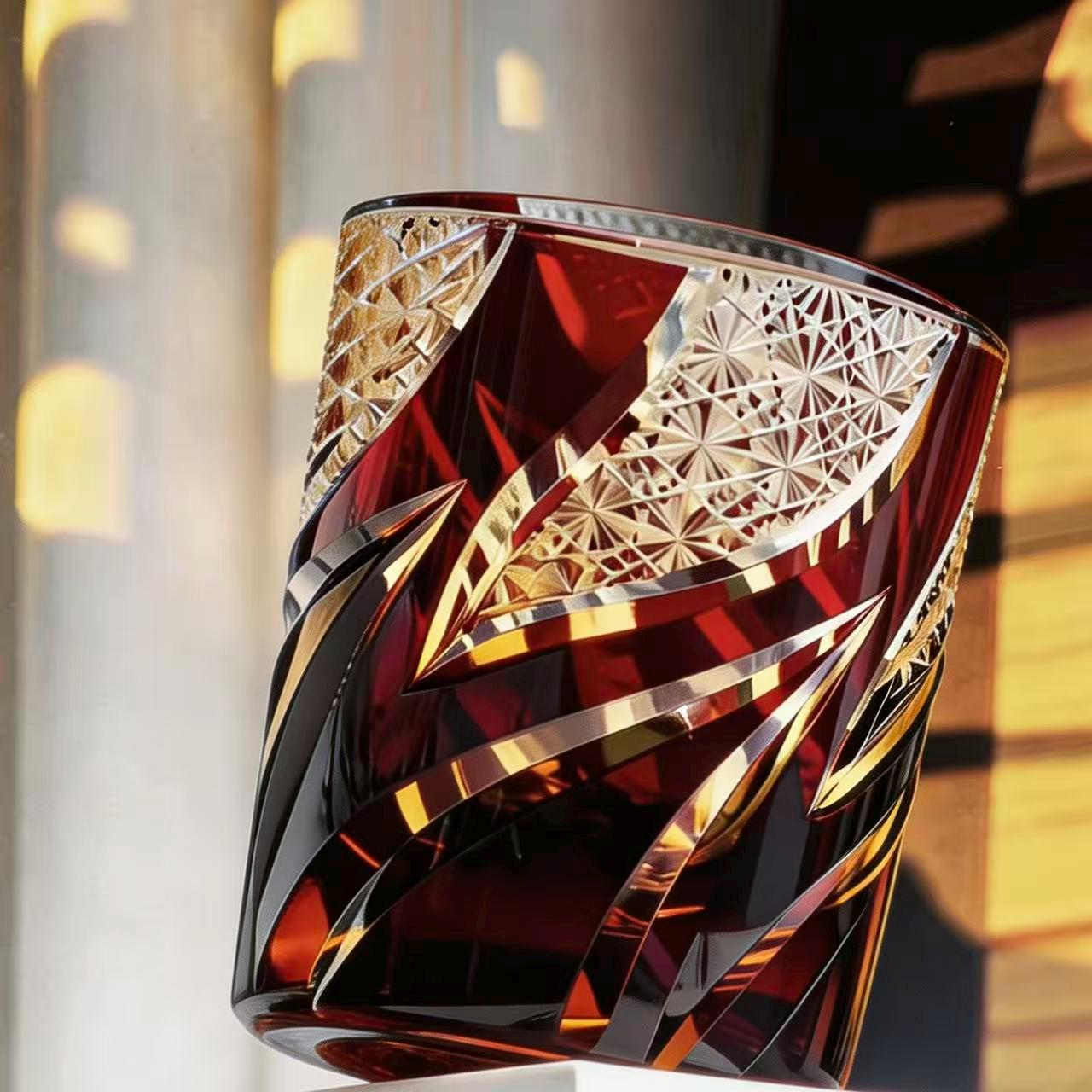 Red Gold Swirl Edo Kiriko Whiskey Glass | Handcrafted Gift🎁