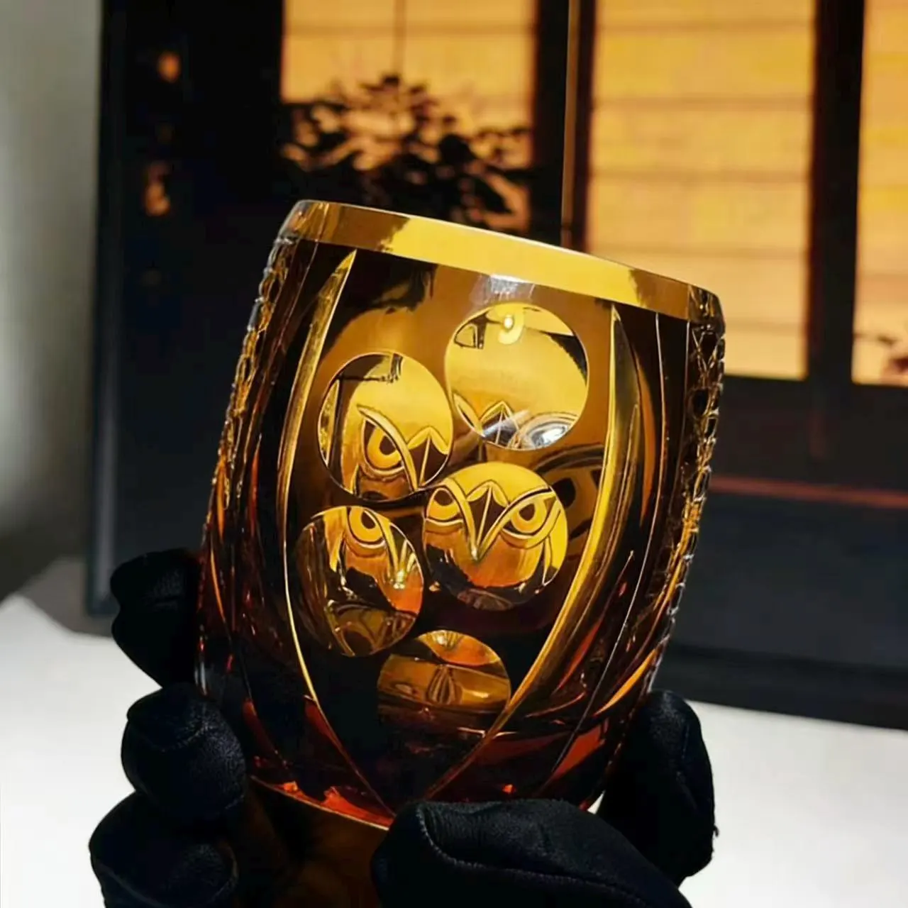 Amber Owl Edo Kiriko Whiskey Glass | Handcrafted Luxury Gift🎁