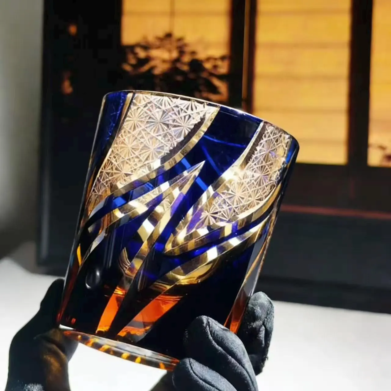 Blue Gold Swirl Edo Kiriko Whiskey Glass | Handcrafted Gift🎁