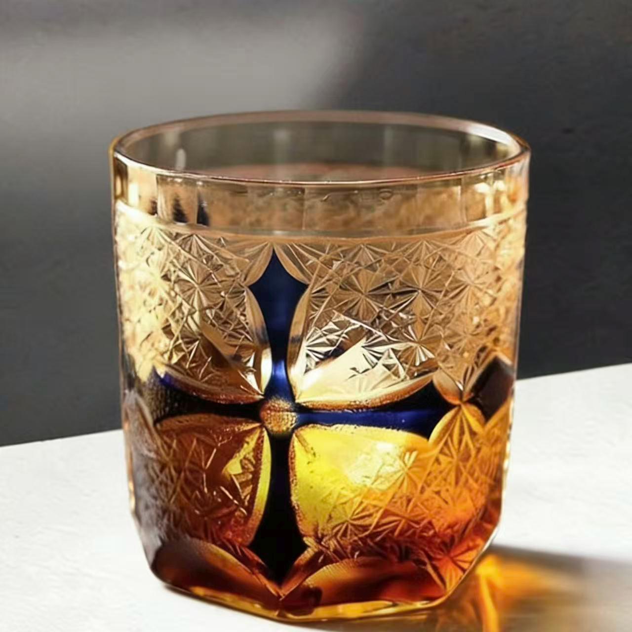 Amber Red Cross Star Edo Kiriko Whiskey Glass | Luxury Handmade Gift🎁