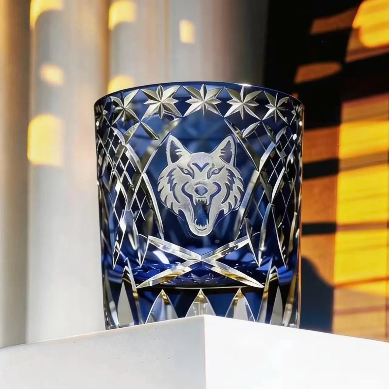 Deep Blue Wolf Head Edo Kiriko Whiskey Glass | Handmade Luxury Gift🎁 