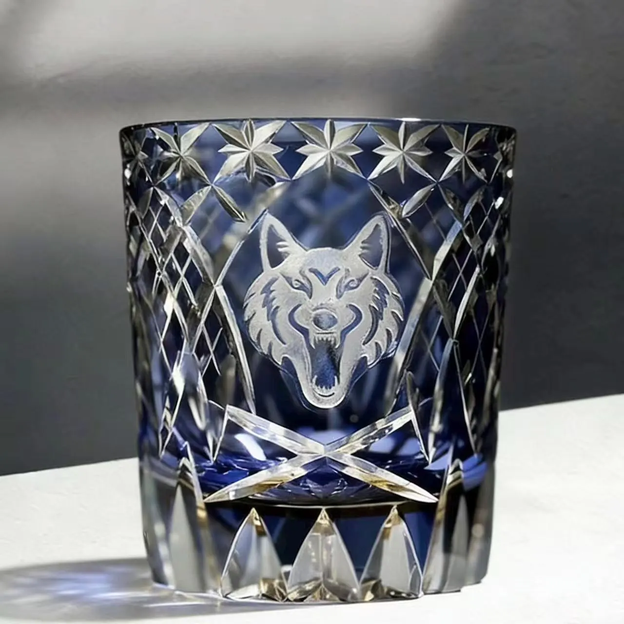 Deep Blue Wolf Head Edo Kiriko Whiskey Glass | Handmade Luxury Gift🎁 