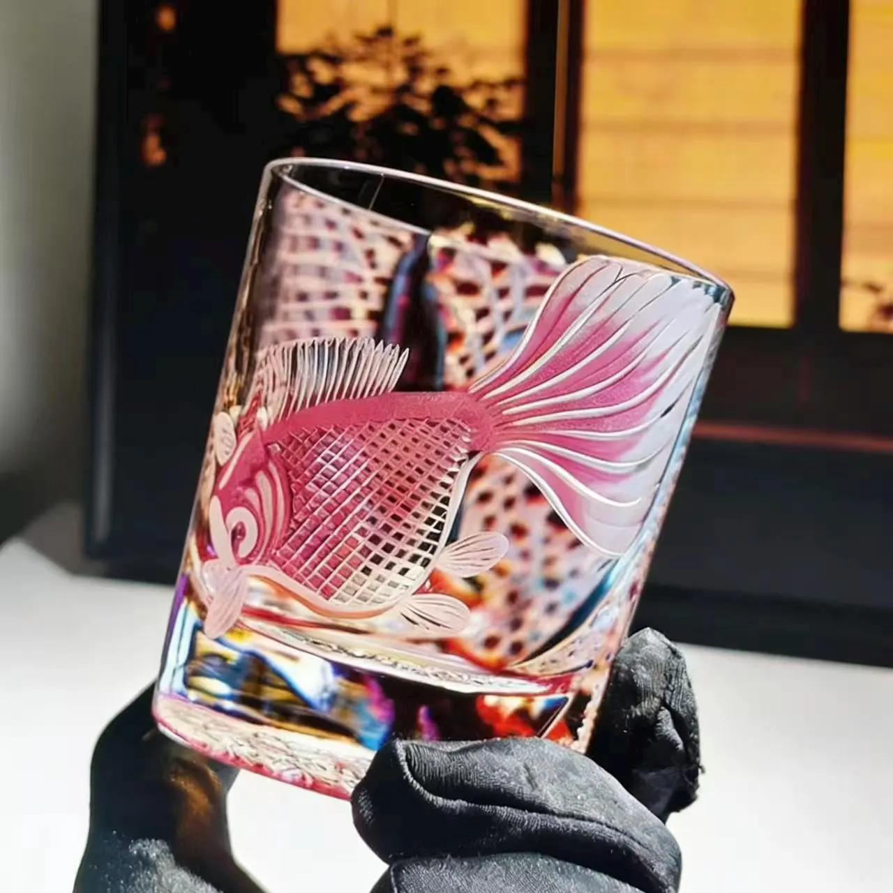 Pink Goldfish Grid Edo Kiriko Whiskey Glass | Handmade Luxury Gift🎁