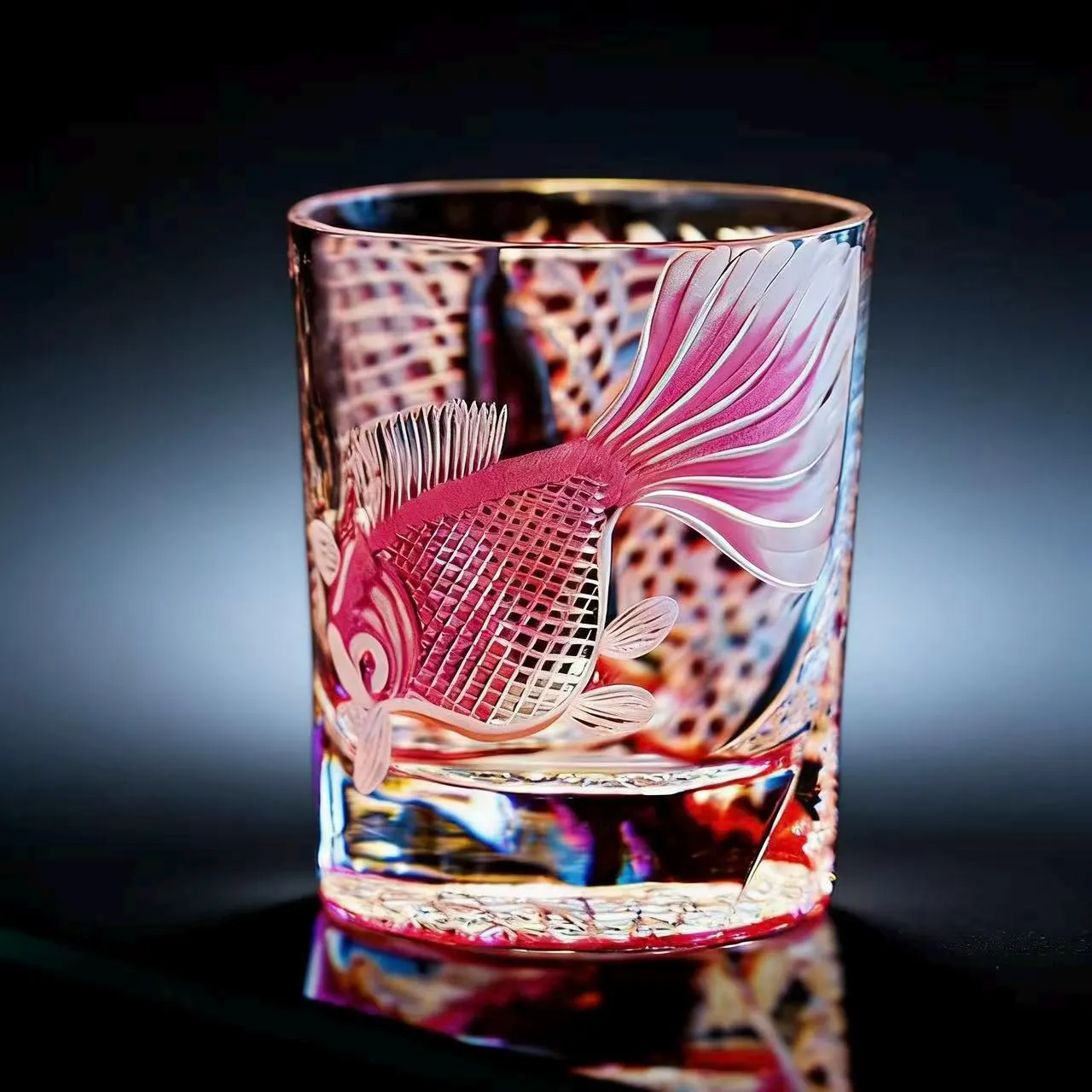 Pink Goldfish Grid Edo Kiriko Whiskey Glass | Handmade Luxury Gift🎁