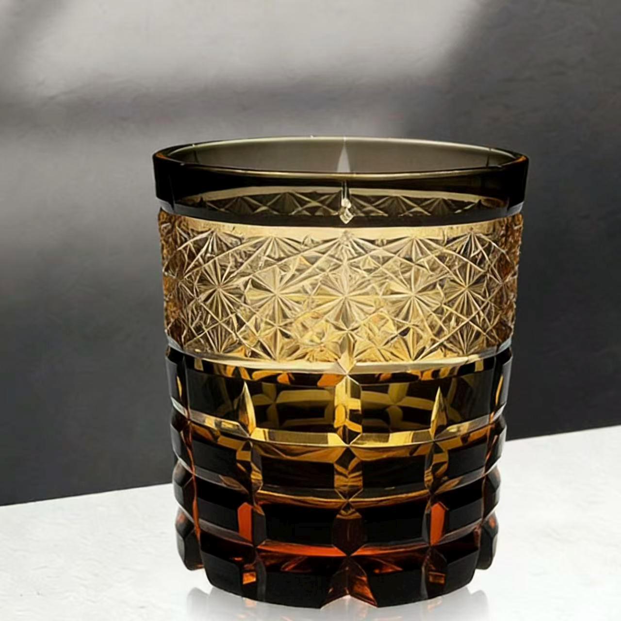 Amber Star Grid Edo Kiriko Whiskey Glass | Handmade Luxury Gift🎁