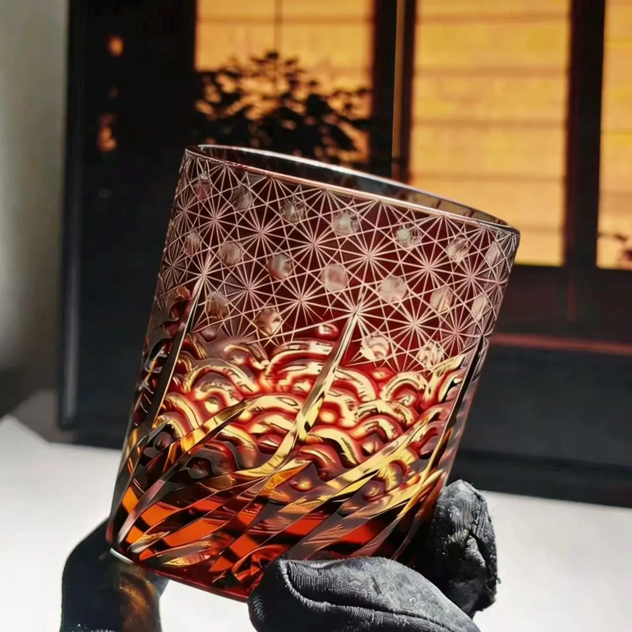 Deep Red Star Web Edo Kiriko Whiskey Glass | Handmade Luxury Gift🎁