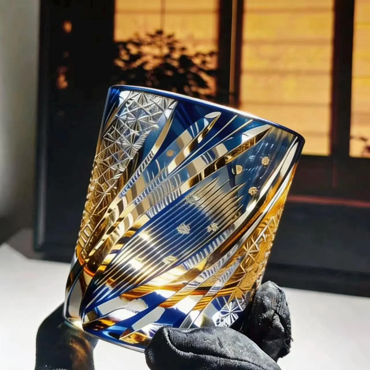 Blue Gold Swirl Edo Kiriko Whiskey Glass | Handmade Luxury Gift🎁