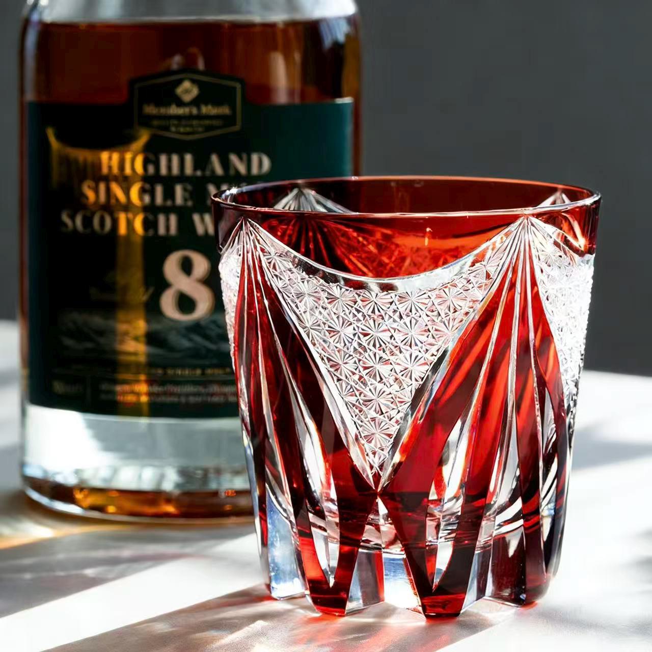 Crimson Triangle Star Edo Kiriko Whiskey Glass | Luxury Handmade Gift🎁