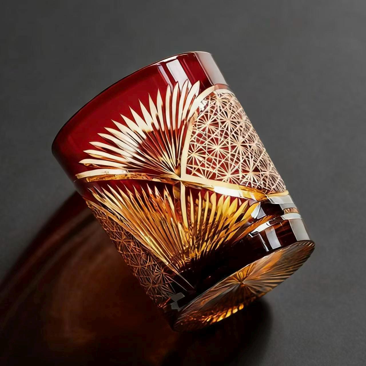 Crimson Gold Wheat Edo Kiriko Whiskey Glass | Luxury Handmade Gift