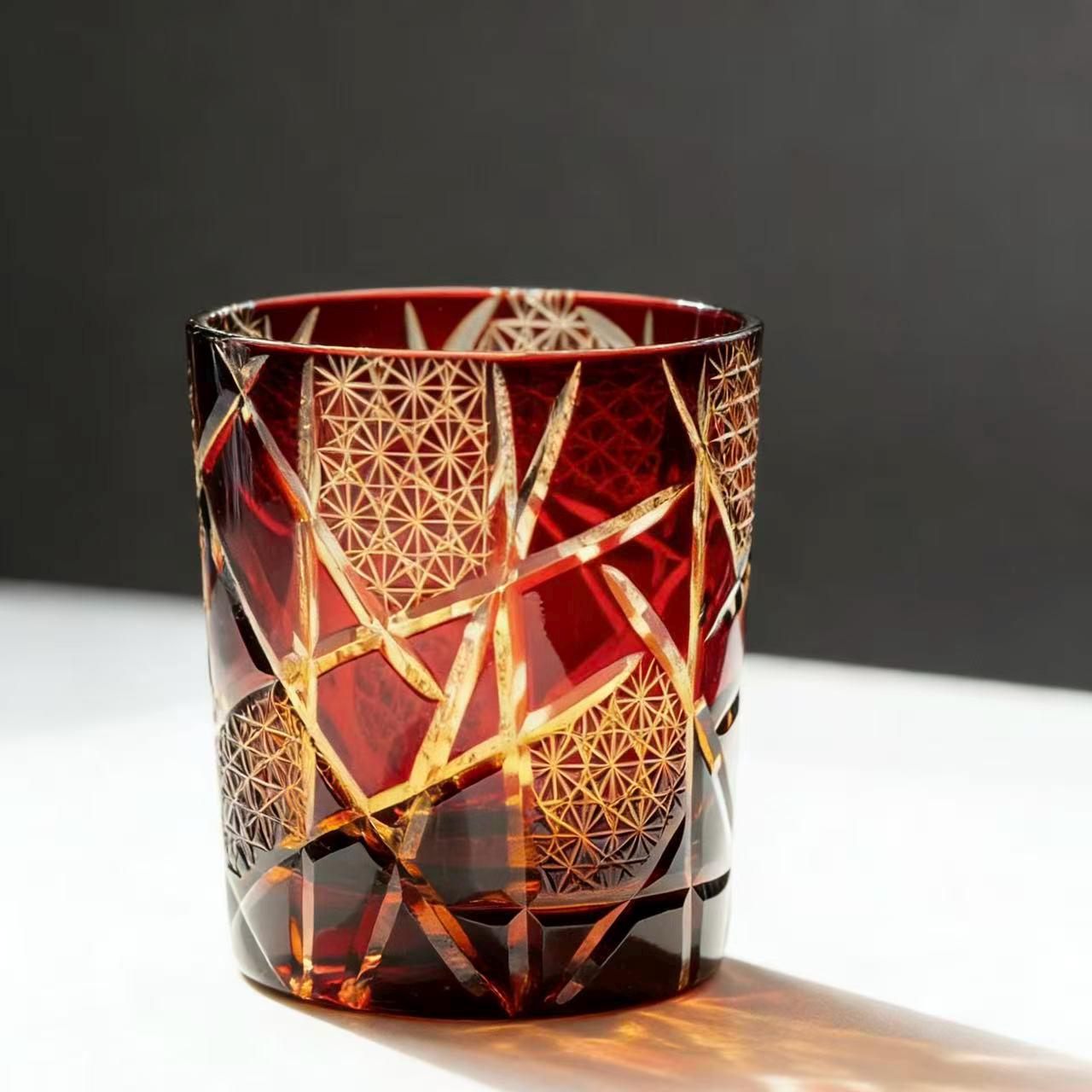 Crimson Gold Branch Star Edo Kiriko Whiskey Glass | Luxury Handmade Gift🎁
