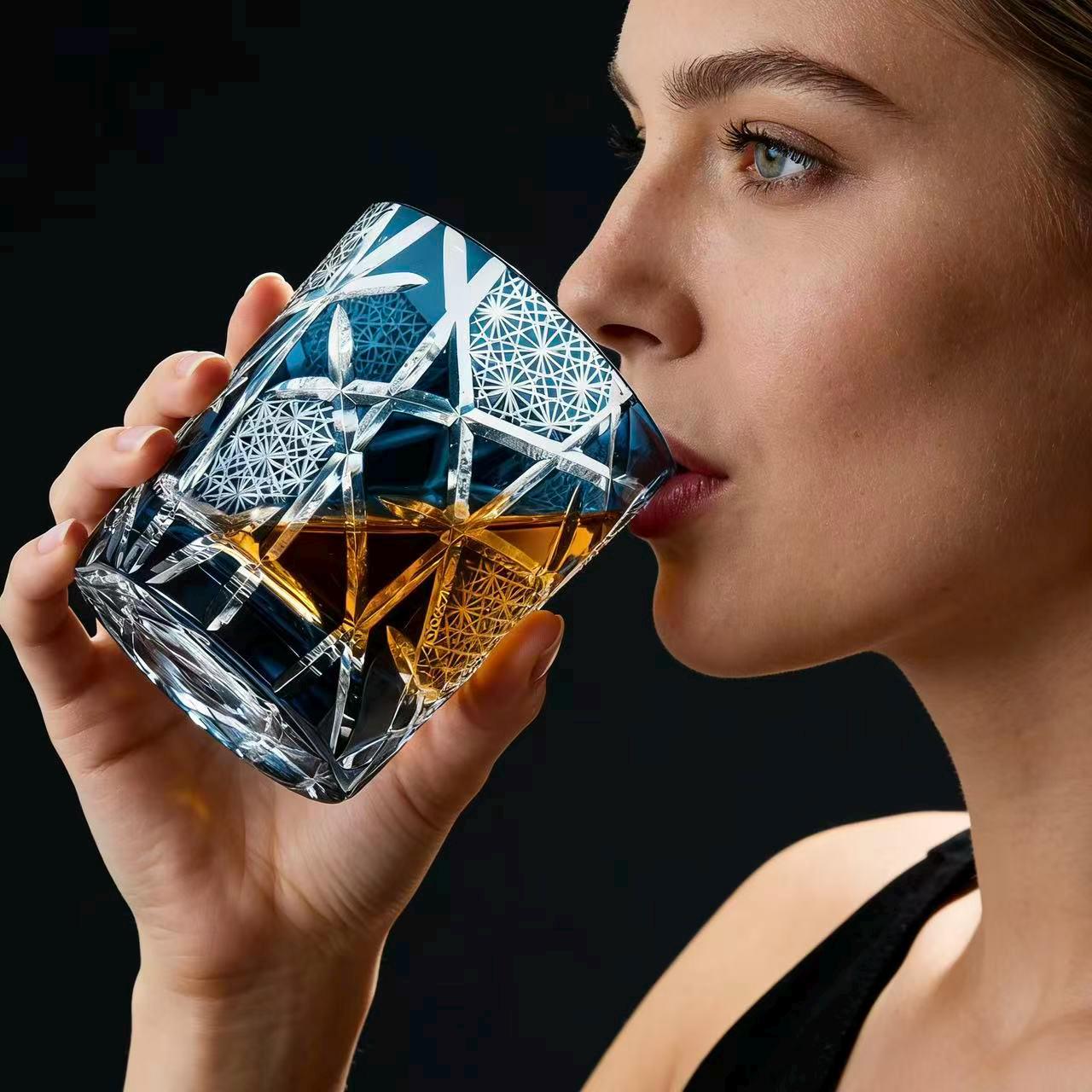 Deep Blue Geometric Crack Edo Kiriko Whiskey Glass | Luxury Handmade Gift