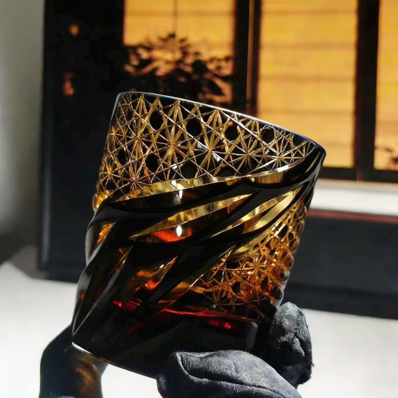 Amber Gradient Swirl Star Edo Kiriko Whiskey Glass | Luxury Handmade Gift