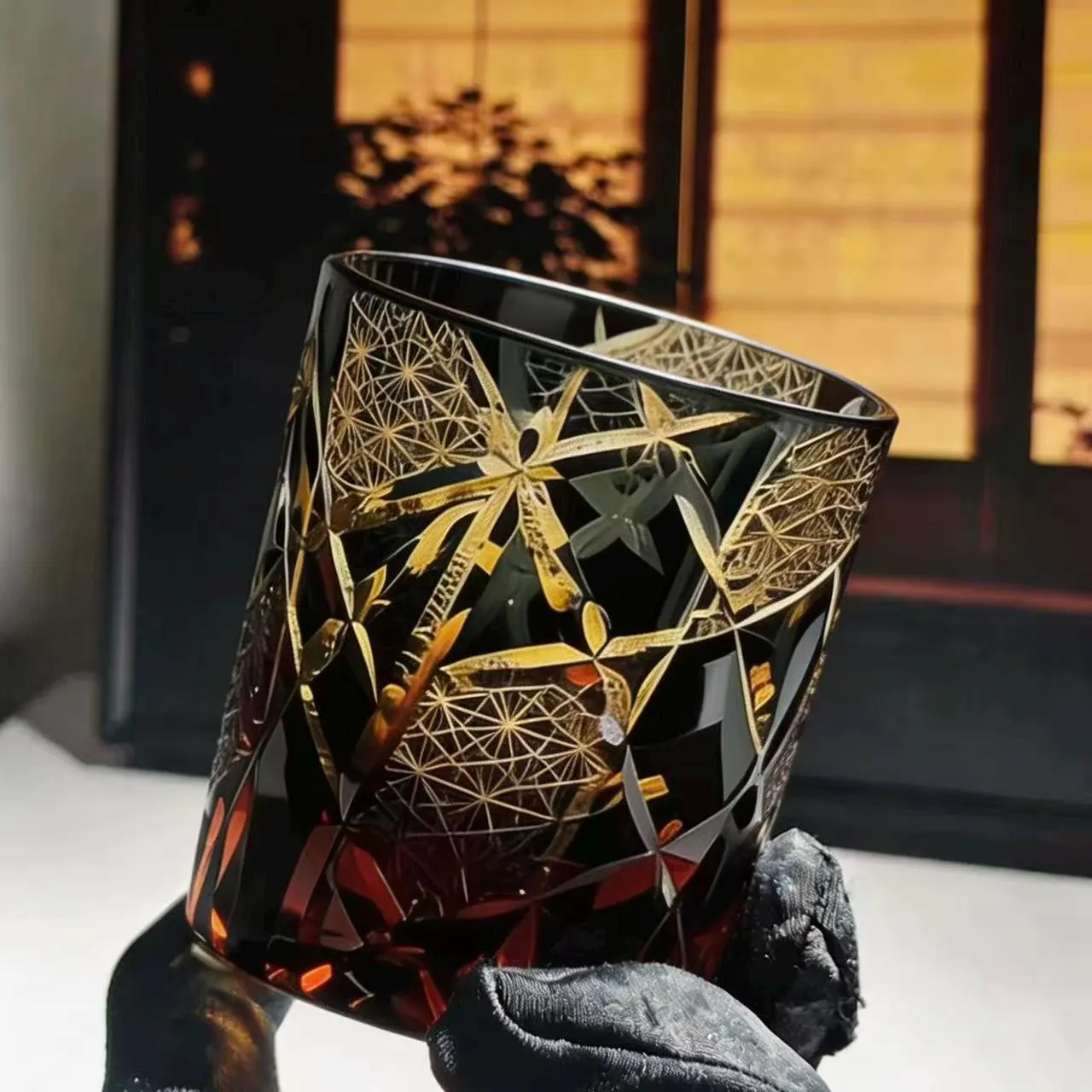 Black Gold Dragonfly Edo Kiriko Whiskey Glass | Luxury Handmade Gift🎁