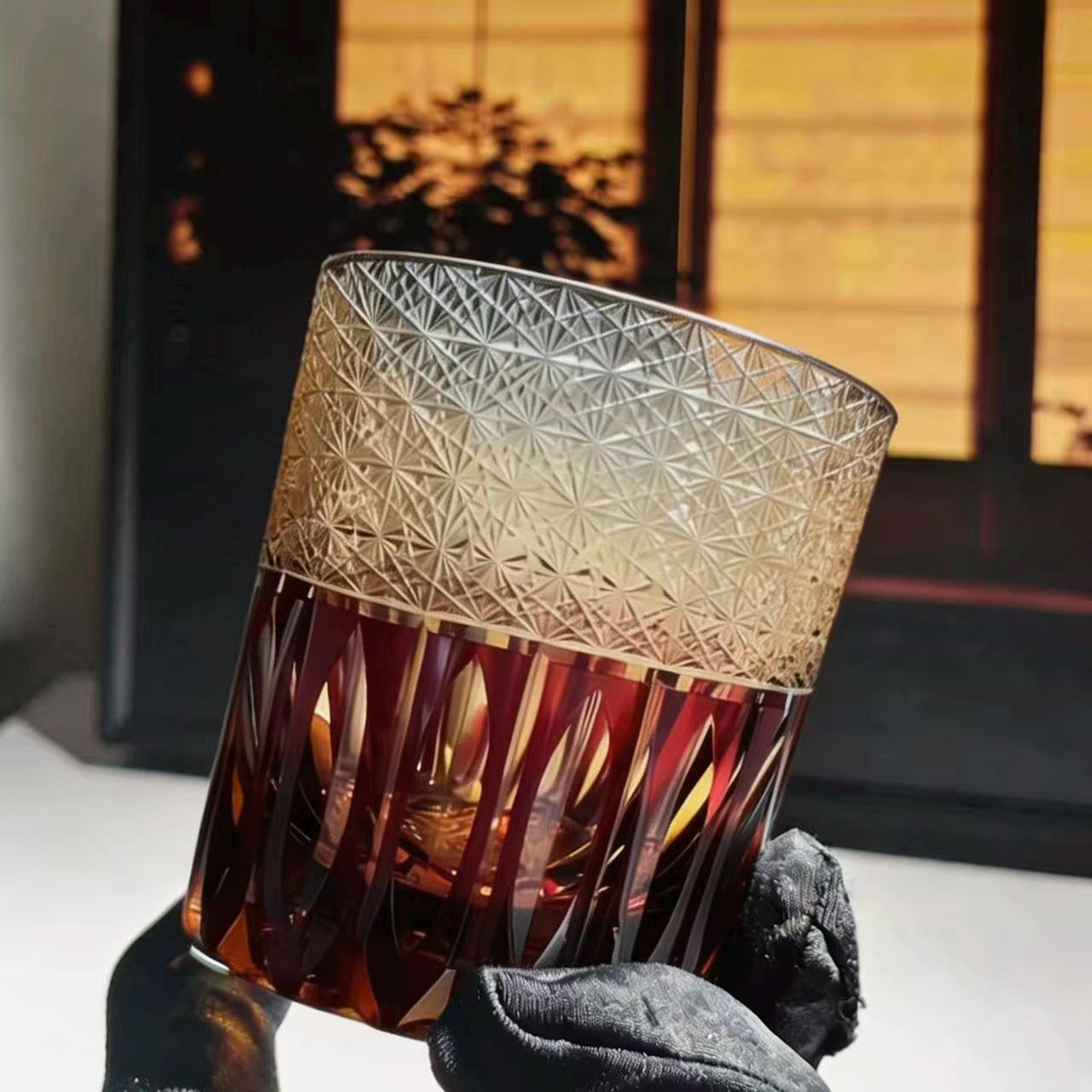 Crimson Vertical Star Web Edo Kiriko Whiskey Glass | Luxury Handmade Gift🎁