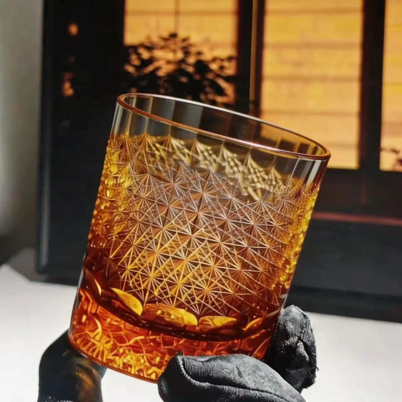 Amber Star Web Edo Kiriko Whiskey Glass | Luxury Handmade Gift🎁