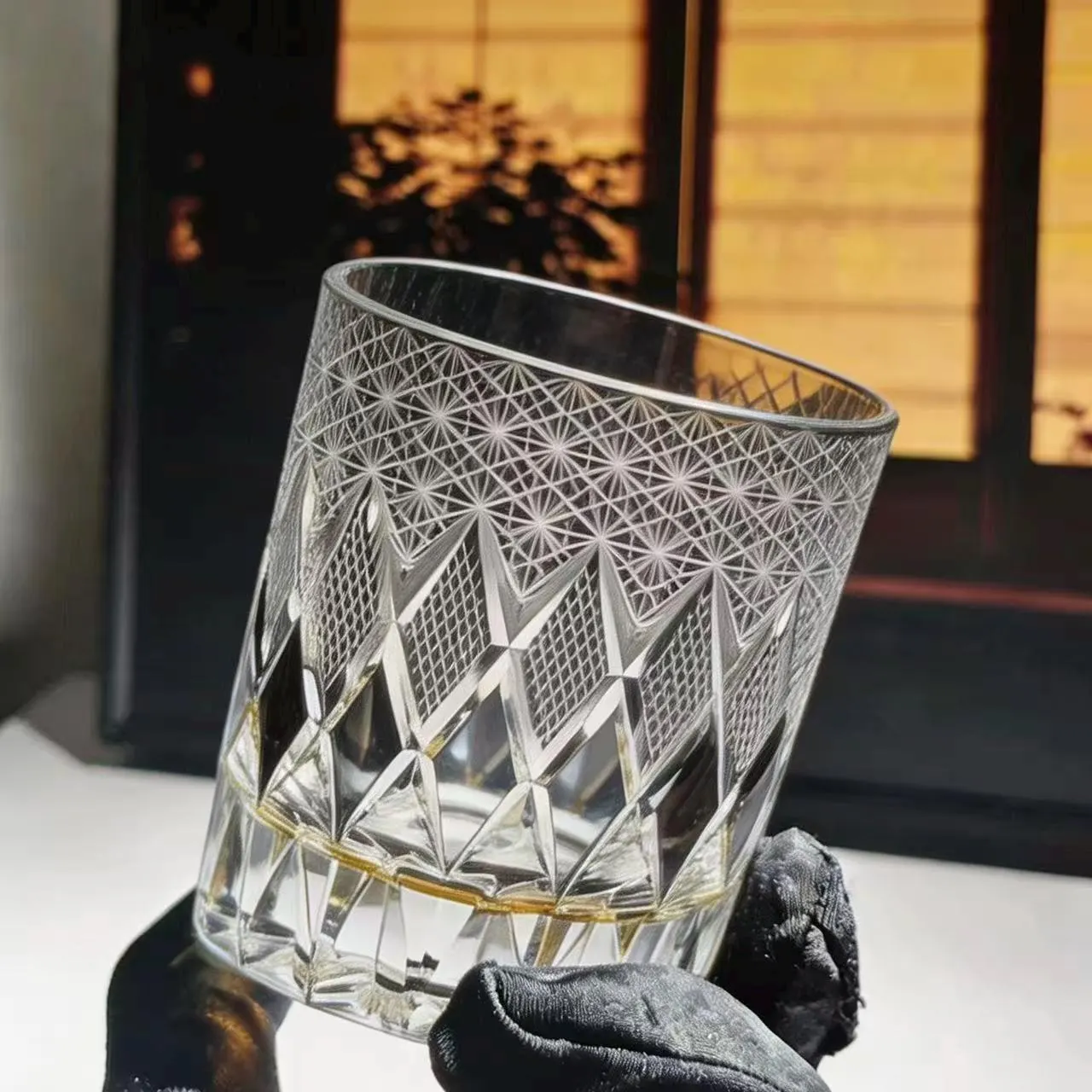 Clear Diamond Star Web Edo Kiriko Whiskey Glass | Luxury Handmade Gift