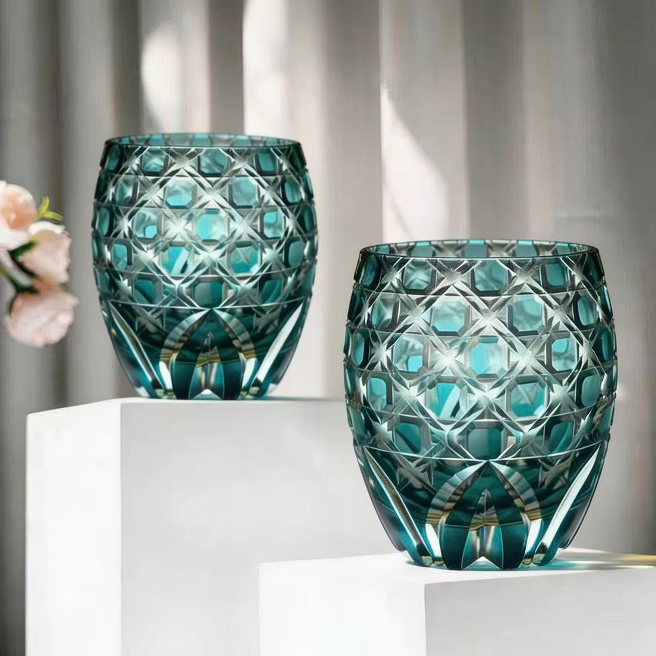 Teal Geometric Star Edo Kiriko Crystal Glass | Luxury Handmade Gift