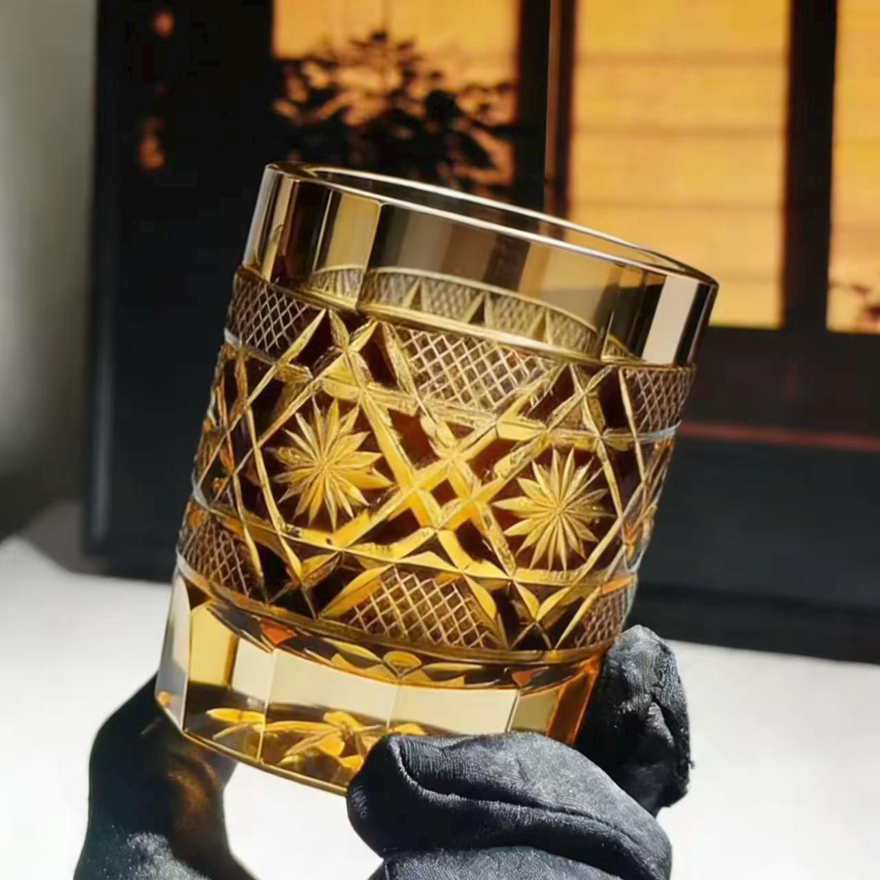 Amber Geometric Star Edo Kiriko Crystal Glass | Luxury Handmade Gift🎁