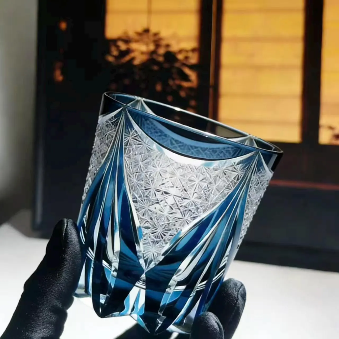 Blue Dracaena Leaf Edo Kiriko Crystal Glass | Luxury Handmade Gift🎁
