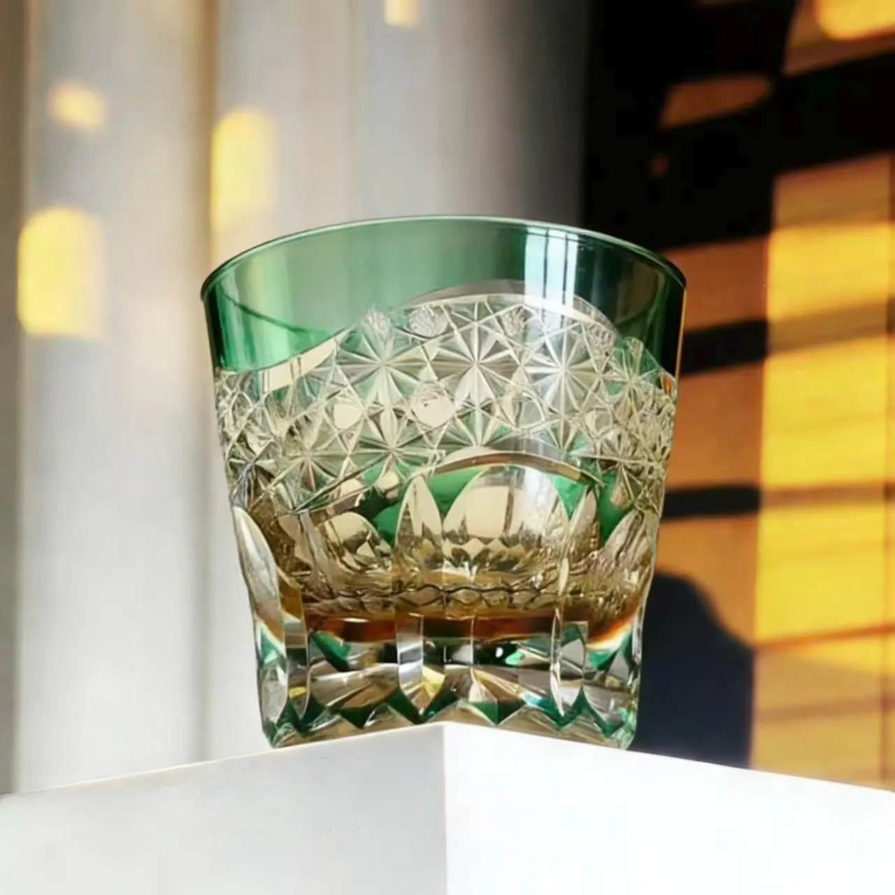 Green Gradient Star Web Edo Kiriko Crystal Glass | Luxury Handmade Gift🎁